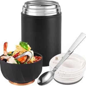 Food Flask Container, 600 ml Stainless Steel Double Walled Soup Flask Leakproof Food Jar Soup Containers with Foldable Spoon (Black)