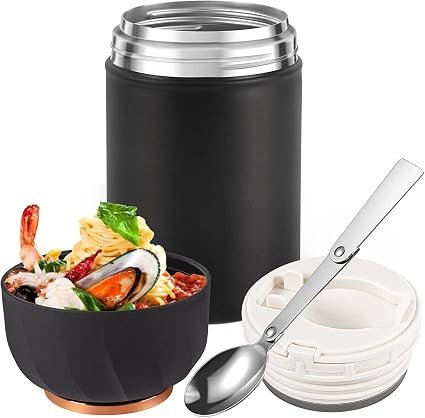 Food Flask Container, 600 ml Stainless Steel Double Walled Soup Flask Leakproof Food Jar Soup Containers with Foldable Spoon (Black)